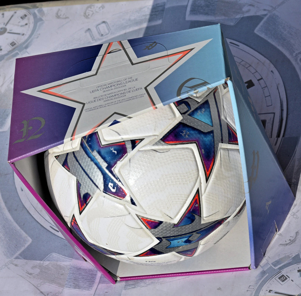 Confezione originale Adidas UCL Pro 2023-2024 viola e azzurra con stella Champions League